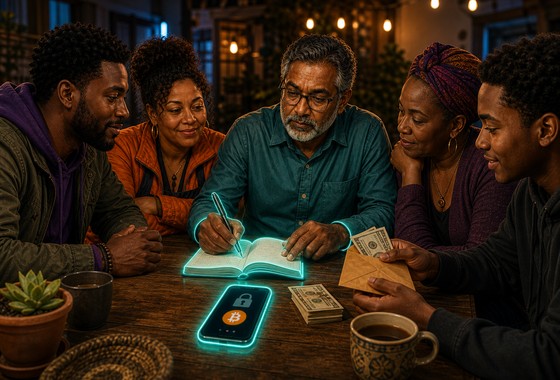 A community lending table with ledger, repayment cash, and a neon Bitcoin escrow phone