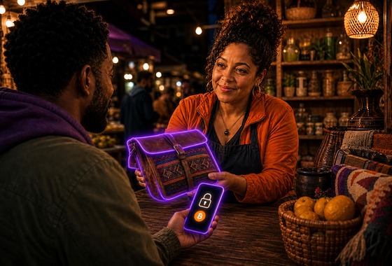 A community merchant presents a glowing bag while the buyer holds a locked Bitcoin escrow phone