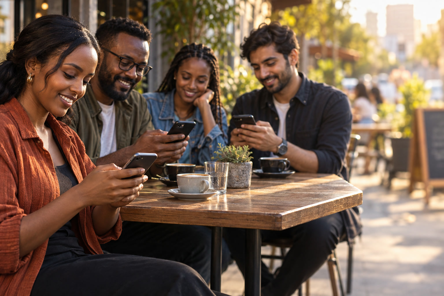 Friends sharing a moment while using Chama on their phones