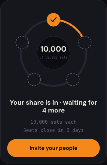 Actual Chama app showing 10,000 simulated sats locked, one checked seat, and four seats remaining.
