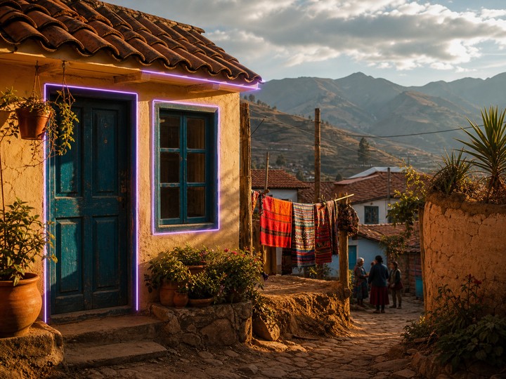 An Andean highland home with a softly highlighted painted door