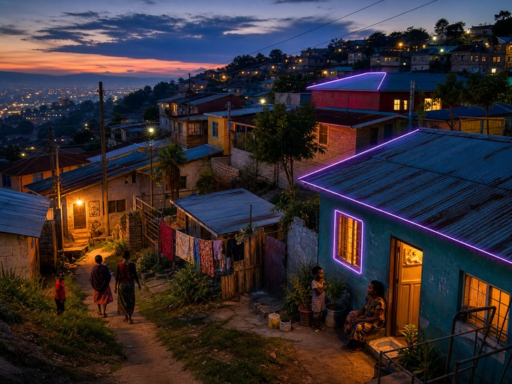An East African hillside neighborhood at dusk with softly highlighted rooflines