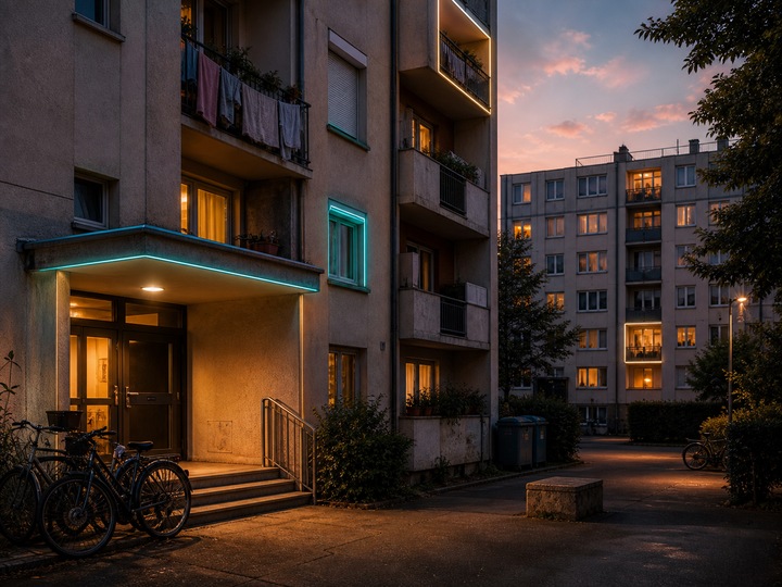 A working-class urban France apartment home with a softly highlighted entrance