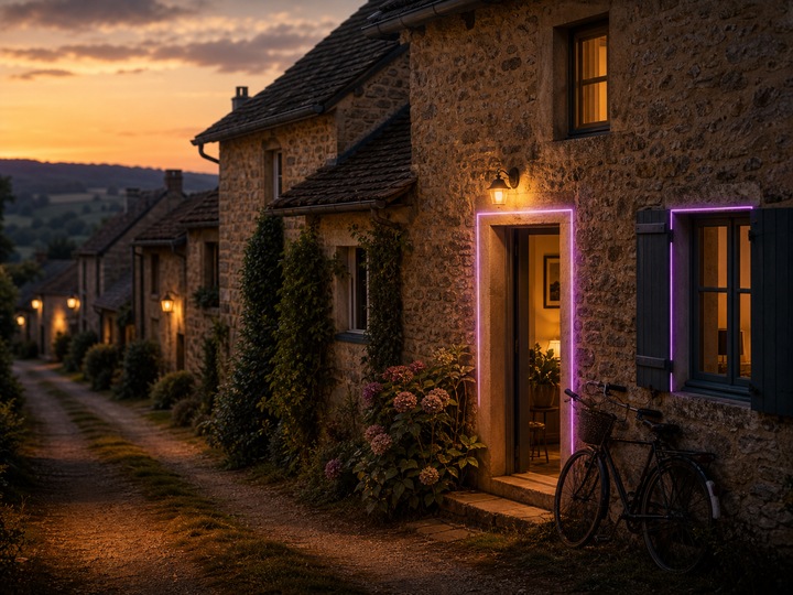 A modest rural France stone home with a softly highlighted doorway