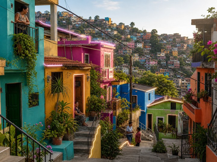 A colorful Latin American hillside neighborhood with softly highlighted homes