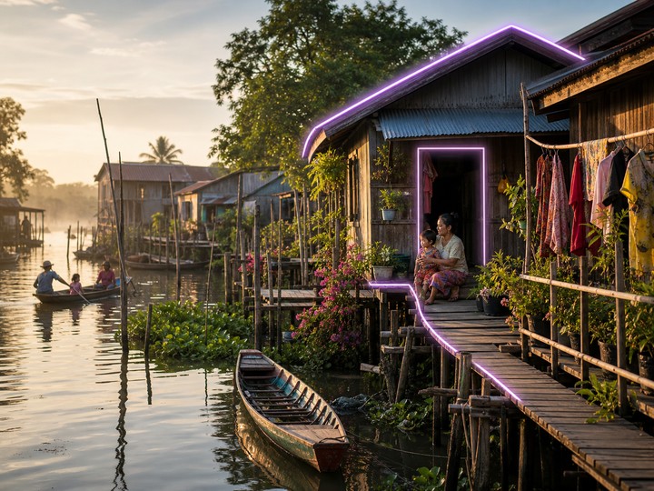 A river stilt-house community with softly highlighted home edges