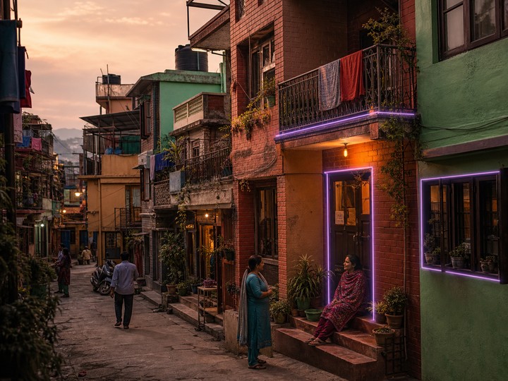 A South Asian residential lane with softly highlighted balconies and doors