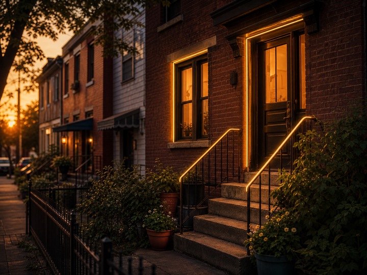 A working-class US city rowhouse home with softly highlighted stoop lights