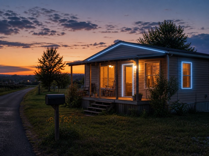 A modest rural US home with a softly highlighted porch doorway