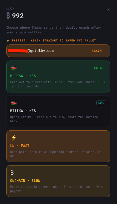 The claim screen with 'Cash out to M-Pesa' as the first option