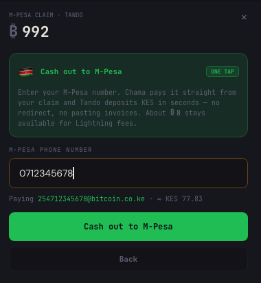 Entering an M-Pesa number, showing the approximate KES amount