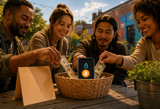 Neighbors contribute together into a shared basket at an outdoor community gathering beside a locked Bitcoin escrow phone