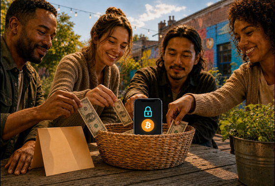 Neighbors contribute together into a shared basket at an outdoor community gathering beside a locked Bitcoin escrow phone