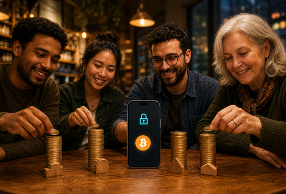 A diverse group builds individual coin stacks beside a locked Bitcoin escrow phone