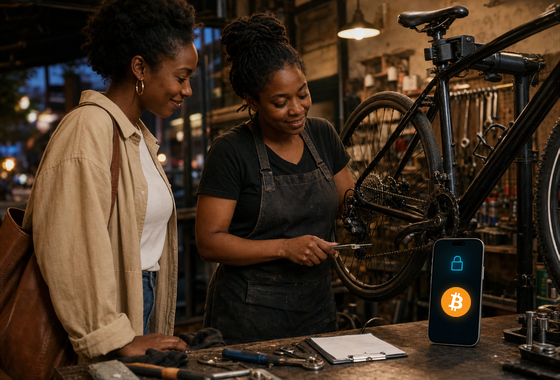 A Black woman mechanic repairs a bicycle while a customer watches beside a locked Bitcoin escrow phone