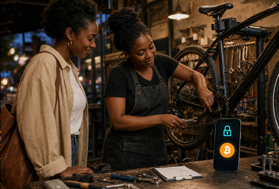A Black woman mechanic finishes a bicycle repair with a wrench while a customer watches beside a locked Bitcoin escrow phone