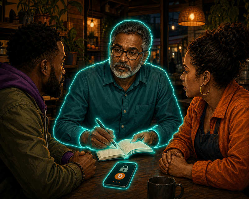 A neon-outlined arbiter writes a ruling beside a neon-outlined phone showing locked Bitcoin sats