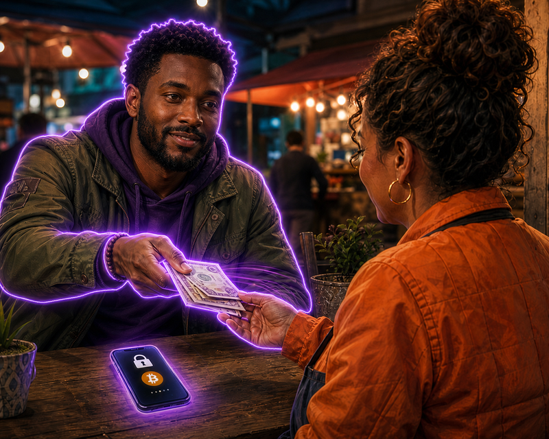 The same neon-outlined buyer hands fiat to the same seller while a phone shows Bitcoin sats locked in escrow