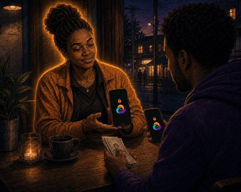 A glowing sats seller shows a Chama escrow lock while the buyer also holds a matching locked phone and fiat